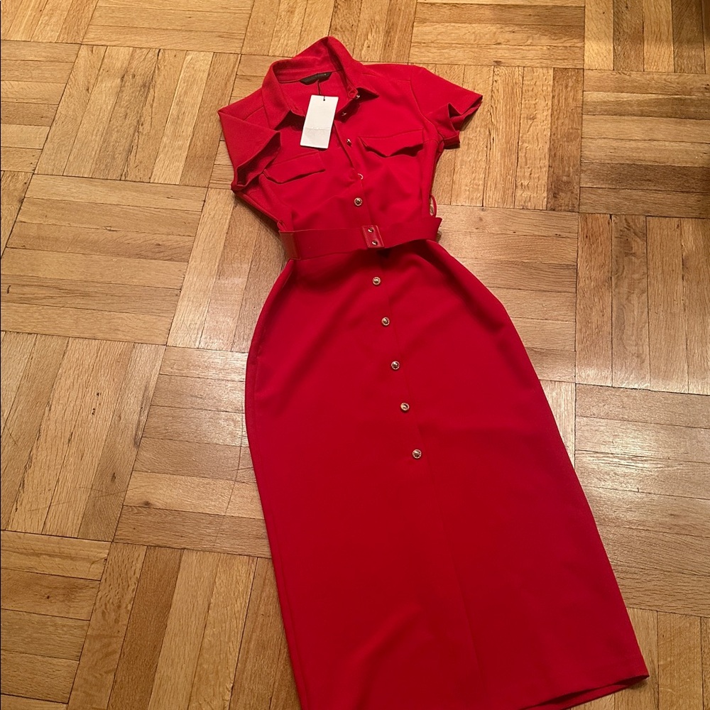 NWT Red Button-Front Shirt Dress with Belt